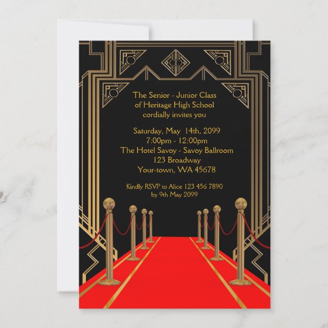 Prom Senior-Junior, Gatsby style, Red Carpet Night Invitation (Front)