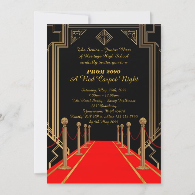 Prom Senior-Junior, Gatsby style, Red Carpet Night Invitation (Front)