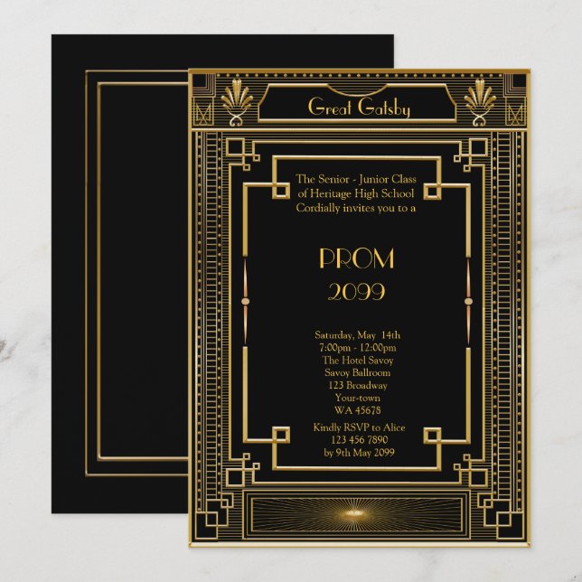 Prom Senior-Junior, Great Gatsby, Gold, black Invitation (Front/Back)