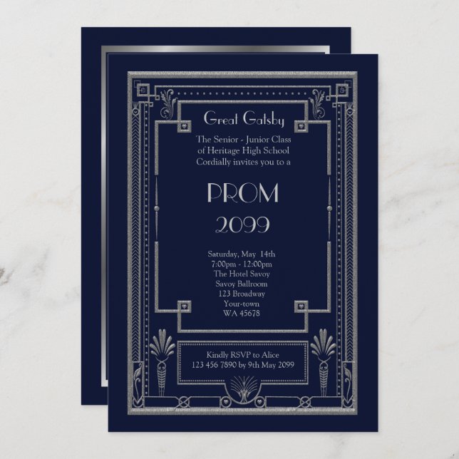 Prom Senior-Junior, Great Gatsby, Silver, Navy Invitation (Front/Back)