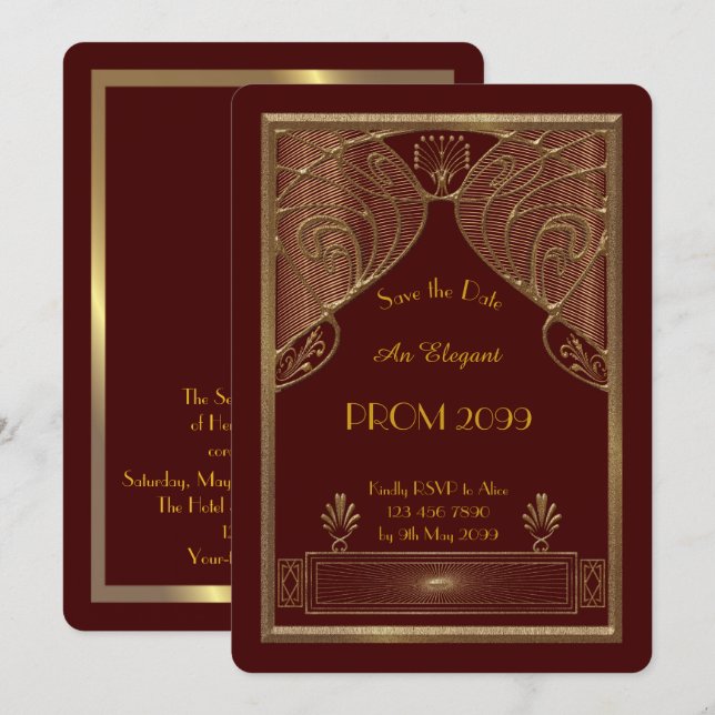 Prom Senior-Junior, Red, Gold Geometric,Art Deco Invitation (Front/Back)