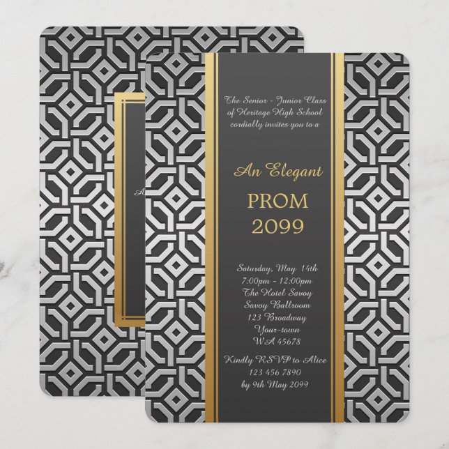 Prom Senior-Junior, Silver Gold Geometric Invitation (Front/Back)