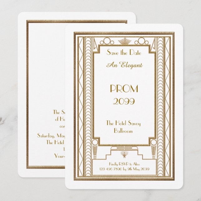 Prom Senior-Junior, white, Gold Geometric,Art Deco Invitation (Front/Back)