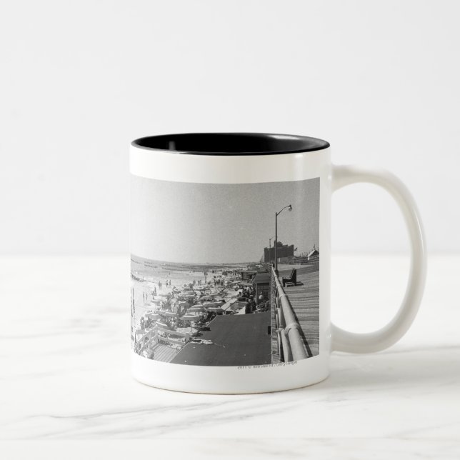 Promenade and beach B&W elevated view Two-Tone Coffee Mug (Right)