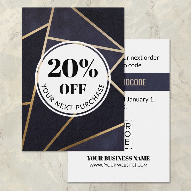 Promo Code Navy Blue Gold Geometric Discount Cards (Creator Uploaded)