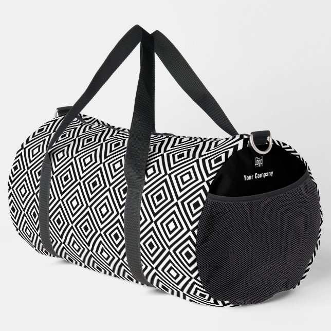 Promo Company Logo Name Black & White Tile Pattern Duffle Bag (Right Corner)