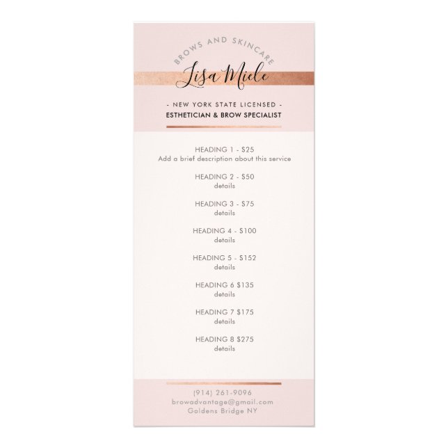 PROMO PRICE SERVICES LIST chic pink rose gold Rack Card (Front)