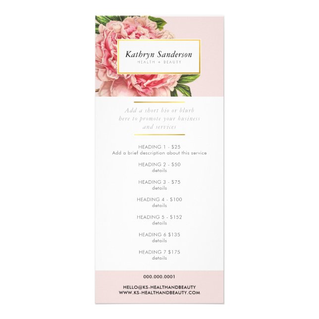 PROMO PRICE SERVICES LIST pink peony flower floral Rack Card (Front)