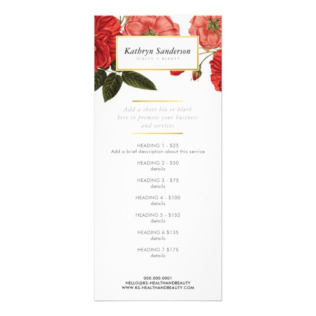 PROMO PRICE SERVICES LIST red rose flower floral Rack Card (Front)