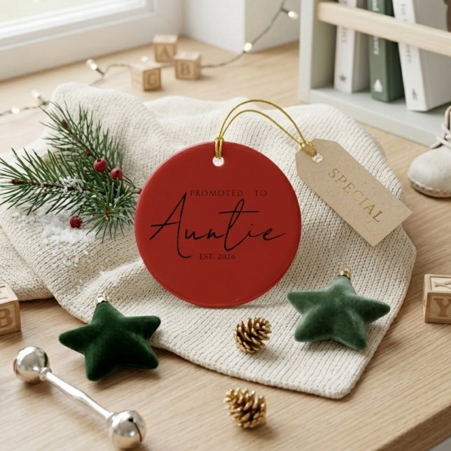 Promoted To Auntie Holiday Keepsake Script Ceramic Tree Decoration (Creator Uploaded)