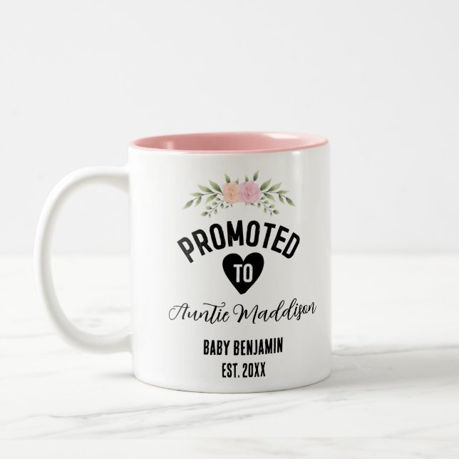 Promoted to Auntie Personalised Baby Name Two-Tone Coffee Mug (Left)