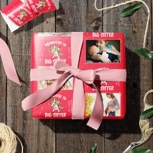 Promoted to Big Sister Unicorn 5 Photo + Text Pink Wrapping Paper