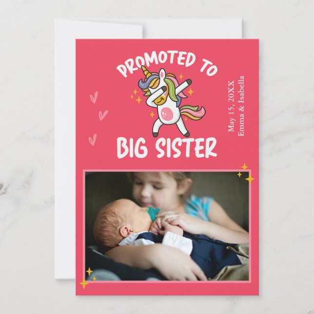 Promoted to Big Sister Unicorn Photo Baby Birth Announcement (Front)