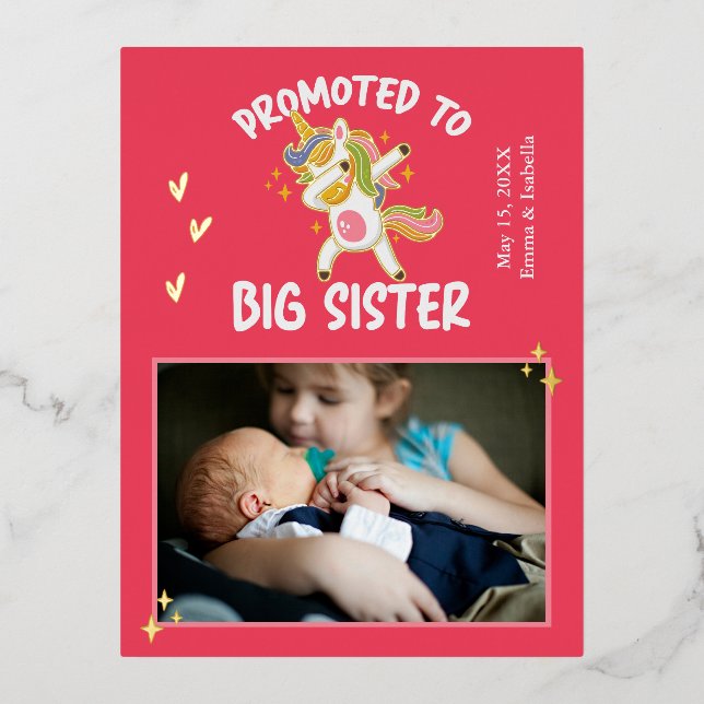 Promoted to Big Sister Unicorn Photo Gold Foil Foil Invitation Postcard (Front)