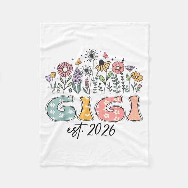 Promoted To Gigi Est. 2026 Wildflower Family Match Fleece Blanket (Front)