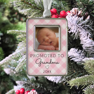 Promoted to Grandma Baby Photo Pink Gingham Retro Silver Plated Framed Ornament