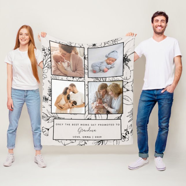 Promoted to Grandma Blush Botanical Photo Collage Fleece Blanket (In Situ)