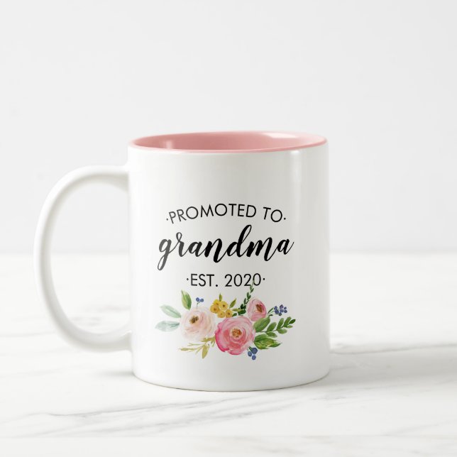 Promoted to Grandma Floral Pink Personalised Two-Tone Coffee Mug (Left)