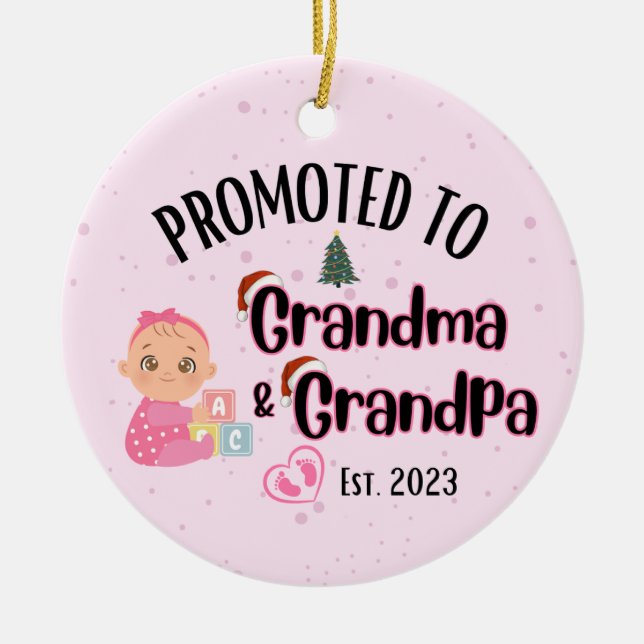 Promoted to Grandma&Grandpa - Baby Girl Xmas Ceramic Tree Decoration (Front)