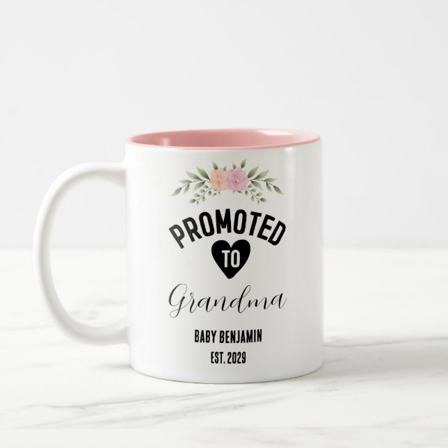 Promoted to Grandma Personalised Baby Name Two-Tone Coffee Mug (Left)