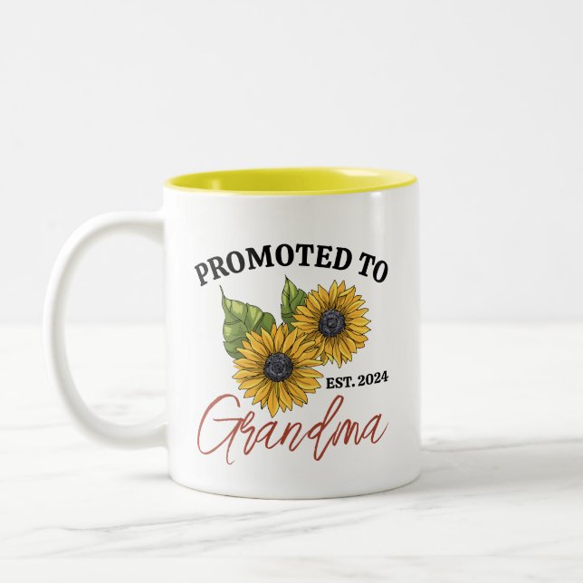 Promoted to Grandma Sunflower Floral Customise Two-Tone Coffee Mug (Left)