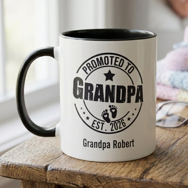 Promoted To Grandpa New Baby Announcement Mug (New grandfather announcement design — perfect baby shower gift idea.)