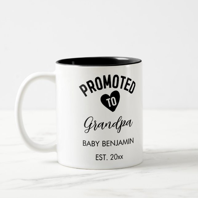 Promoted to Grandpa Personalised Baby Name Two-Tone Coffee Mug (Left)