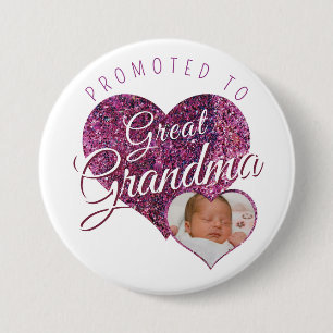 Promoted to Great Grandma faux sparkle pink photo 7.5 Cm Round Badge