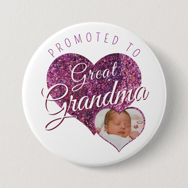 Promoted to Great Grandma faux sparkle pink photo 7.5 Cm Round Badge (Front)