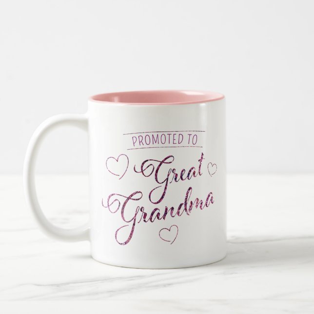 Promoted to Great Grandma faux sparkle pink purple Two-Tone Coffee Mug (Left)
