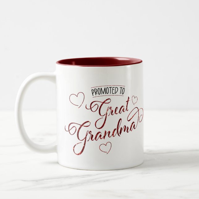 Promoted to Great Grandma faux sparkle with hearts Two-Tone Coffee Mug (Left)