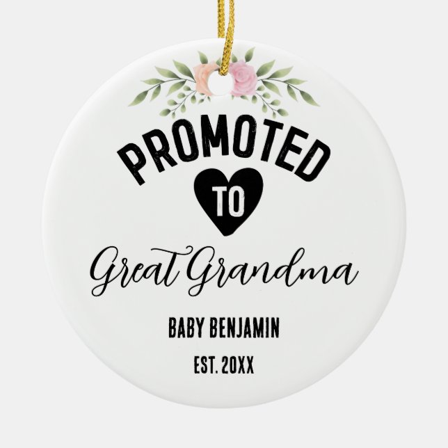 Promoted to Great Grandma Personalised Baby Name Ceramic Tree Decoration (Front)
