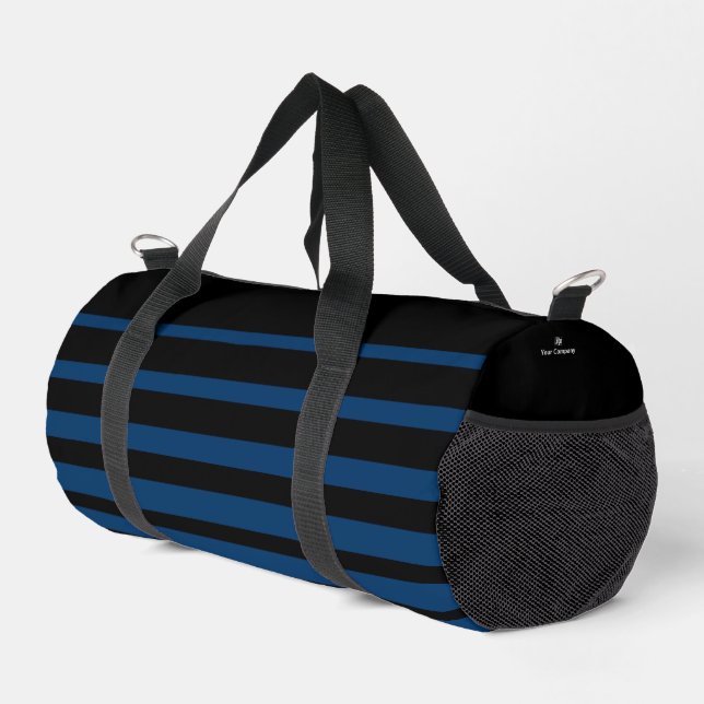 Promotion Company Logo Name Blue Striped Black Duffle Bag (Right Corner)