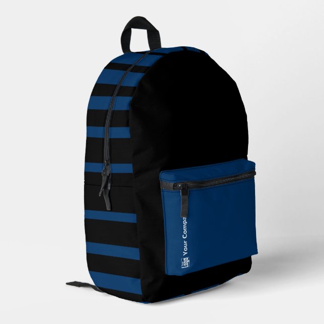 Promotion Company Logo Name Striped Blue Black Printed Backpack (Back Corner Left)