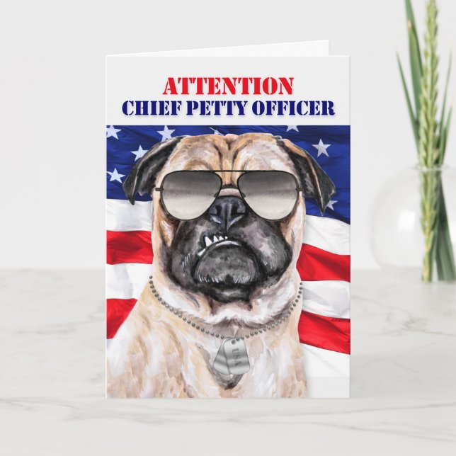 Promotion to Chief Petty Officer Military Pug Dog Card (Front)
