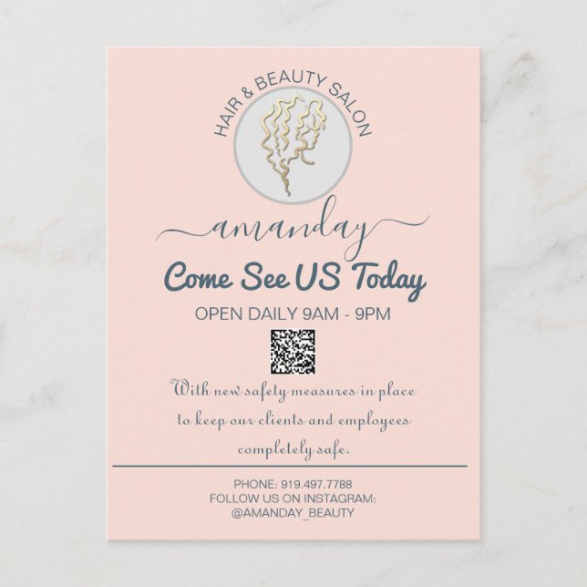 Promotional Be Safe Logo Hairdresser QR Code Rose Announcement Postcard (Front)