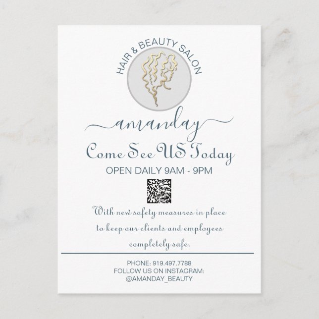 Promotional Be Safe Logo Hairdresser QR Code White Announcement Postcard (Front)