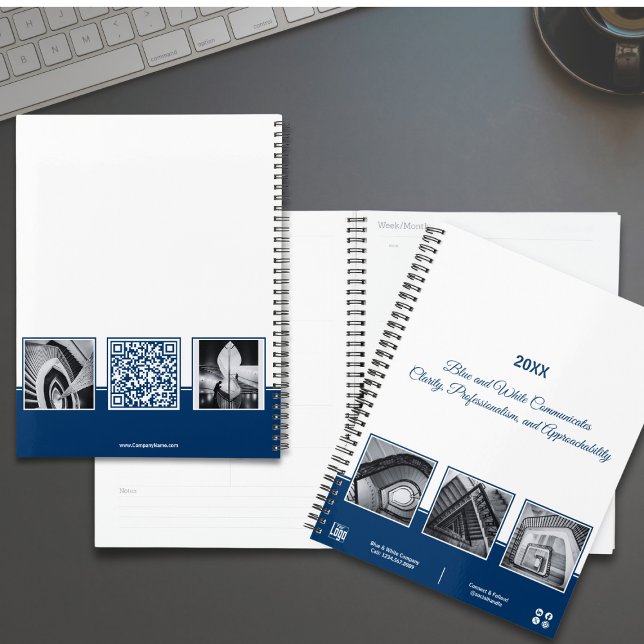 Promotional Blue & White Collage Business Planner (Promotional Blue & White Collage Business Planner, Tagline, QR code, 5 Images)