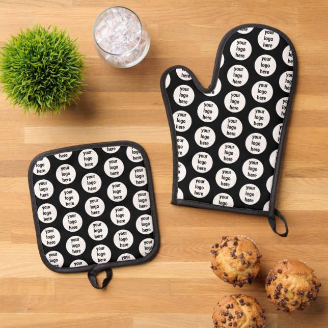 Promotional Business Logo Black White Pattern  Oven Mitt & Pot Holder Set (Top Down)