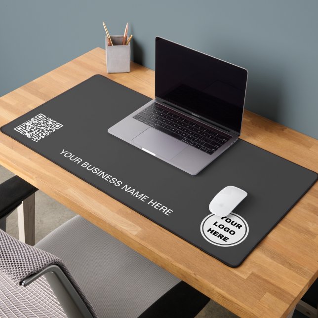Promotional Business Logo & QR Code Modern Grey  Desk Mat (Creator Uploaded)