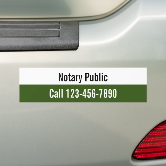 Promotional Dark Green and White Notary Public Bumper Sticker (On Car)