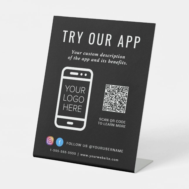 Promotional Try Our App QR Code Logo Black Pedestal Sign (Front)