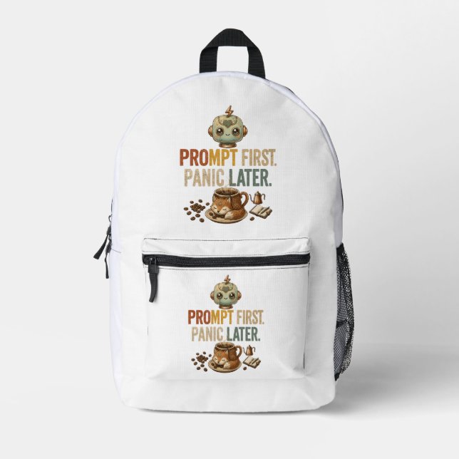 Prompt First Panic Later Funny Ai Robot Printed Backpack (Front)