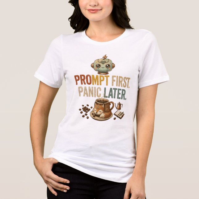 Prompt First Panic Later Funny Ai Robot Tri-Blend Shirt (Front)