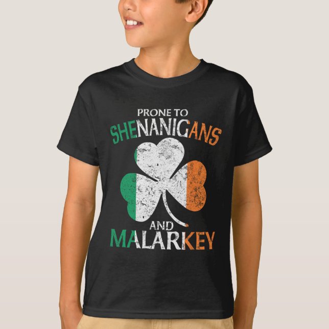Prone To Shenanigans And Malarkey Funny St Patrick T-Shirt (Front)