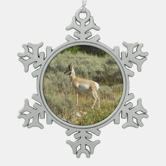 Pronghorn at Grand Teton National Park Snowflake Pewter Christmas Ornament (Front)