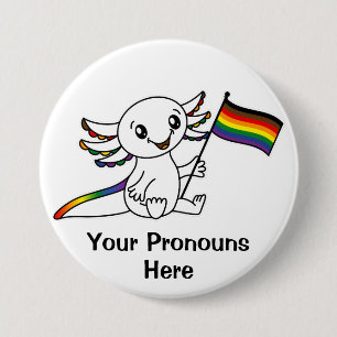 PRONOUNS Cute Axolotl with POC Rainbow Pride Flag 7.5 Cm Round Badge