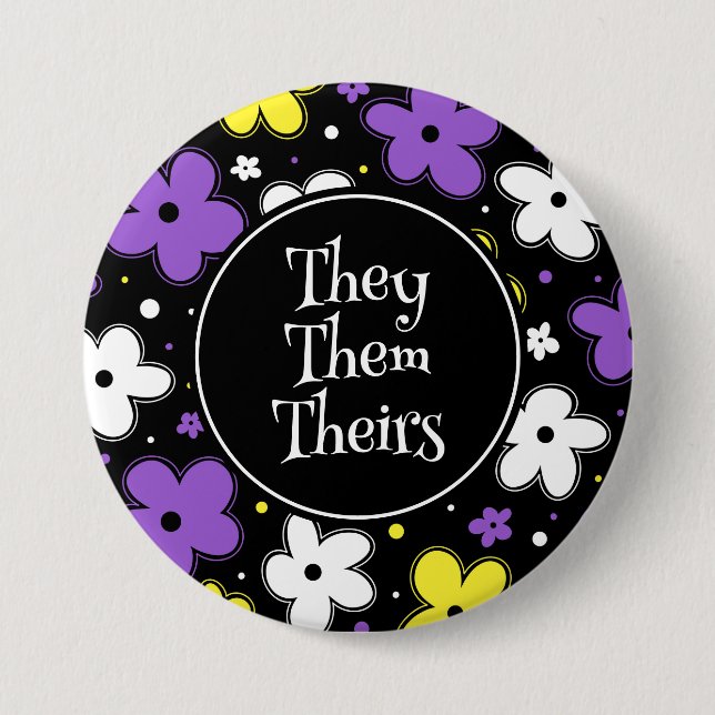 Pronouns! Nonbinary Pride Flag Flowers Doodle 7.5 Cm Round Badge (Front)