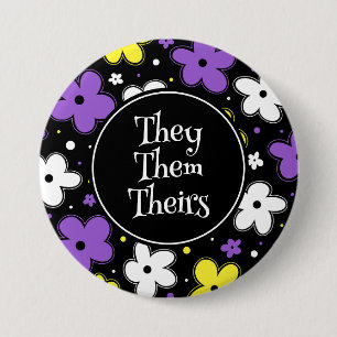 Pronouns! Nonbinary Pride Flag Flowers Doodle 7.5 Cm Round Badge