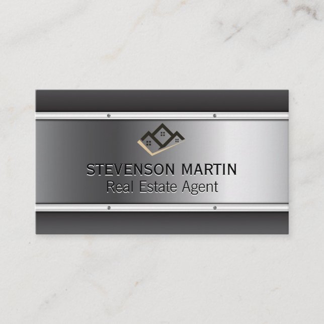 Property Icon | Metallic Background Metal Siding Business Card (Front)